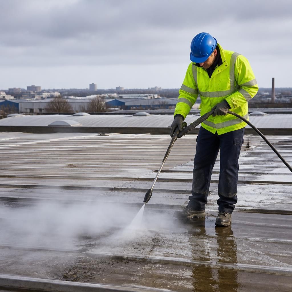 Steam cleaning in progress on an industrial roof