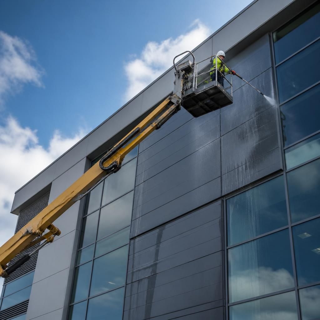 Access equipment being used for cleaning tall architectural structures