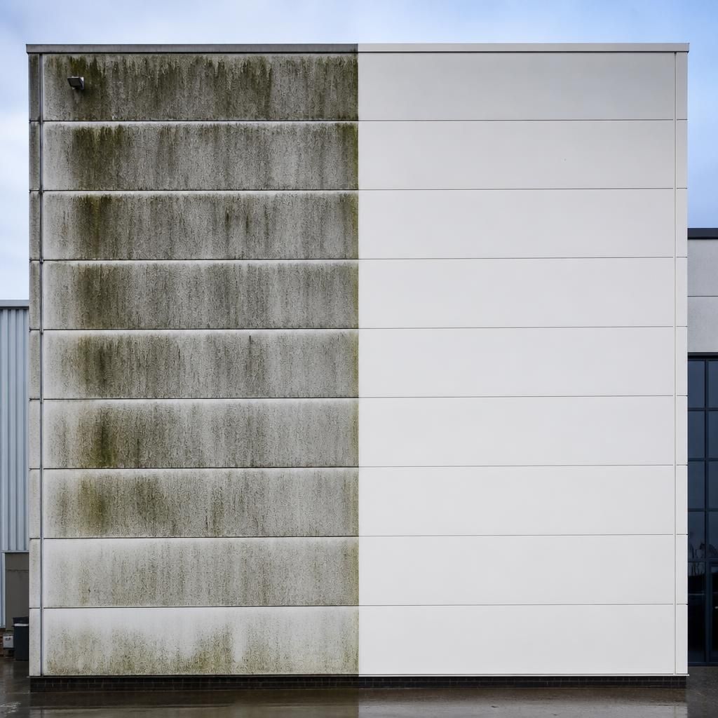 Before and after images of cladding cleaning