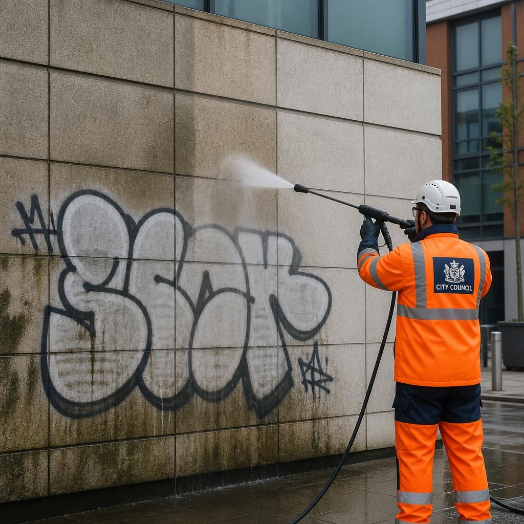 Graffiti removal on a city council building exterior