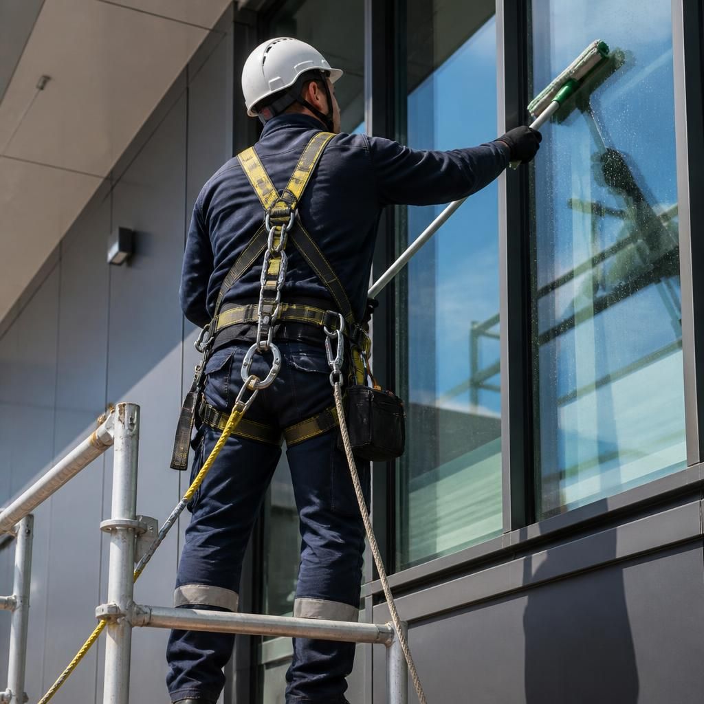 Professional cleaner using safety harness