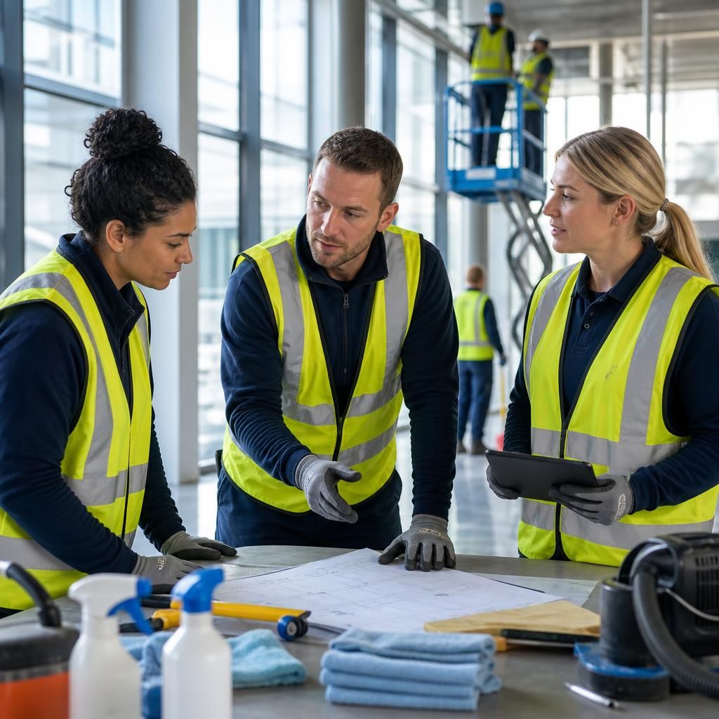 Team of professional cleaners coordinating