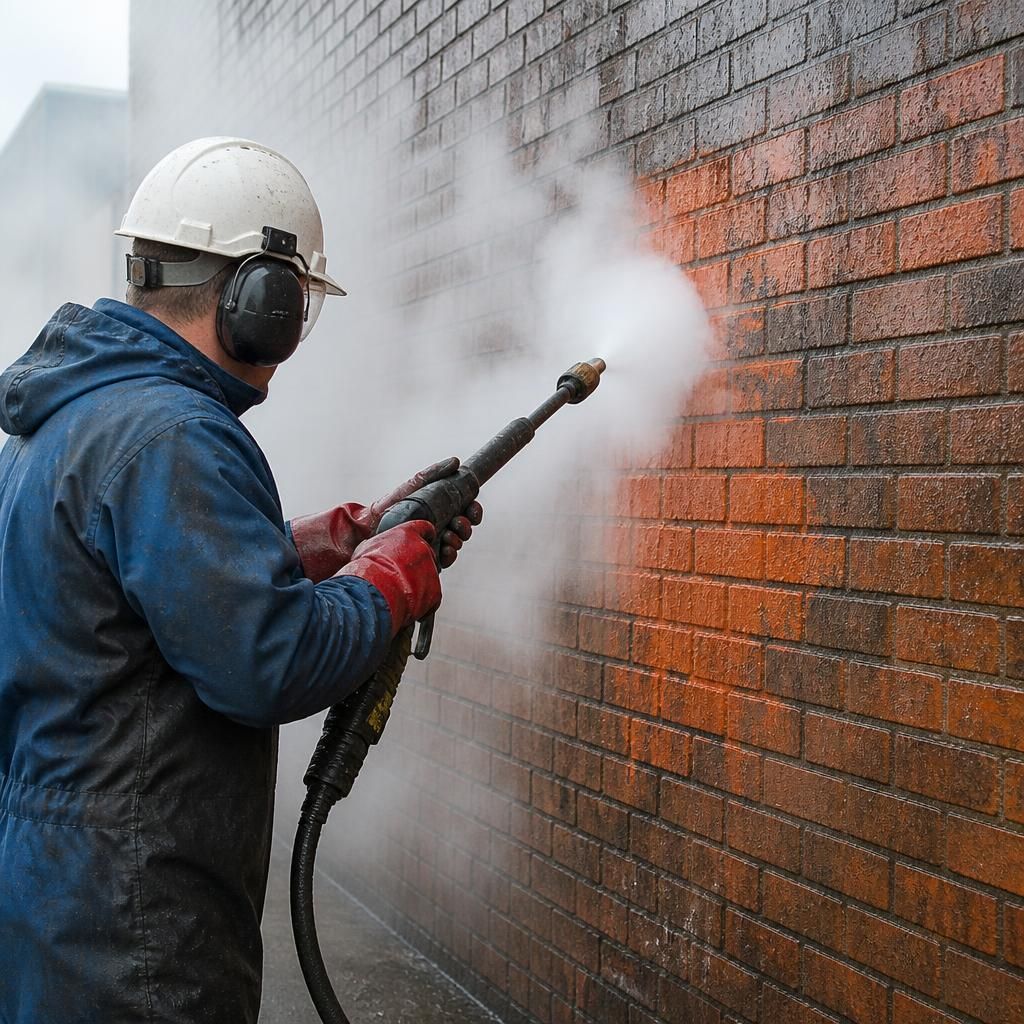 Steam cleaning of brick wall