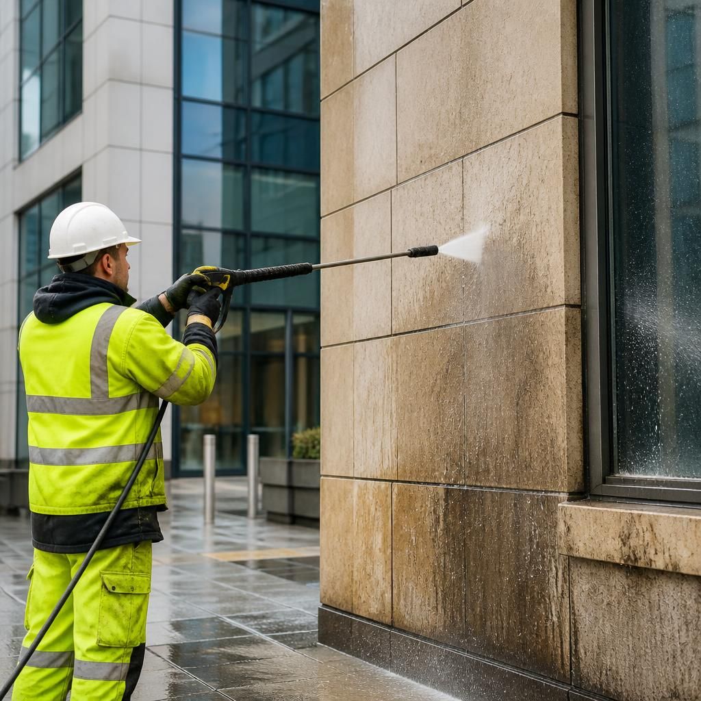 Pressure washing a building façade