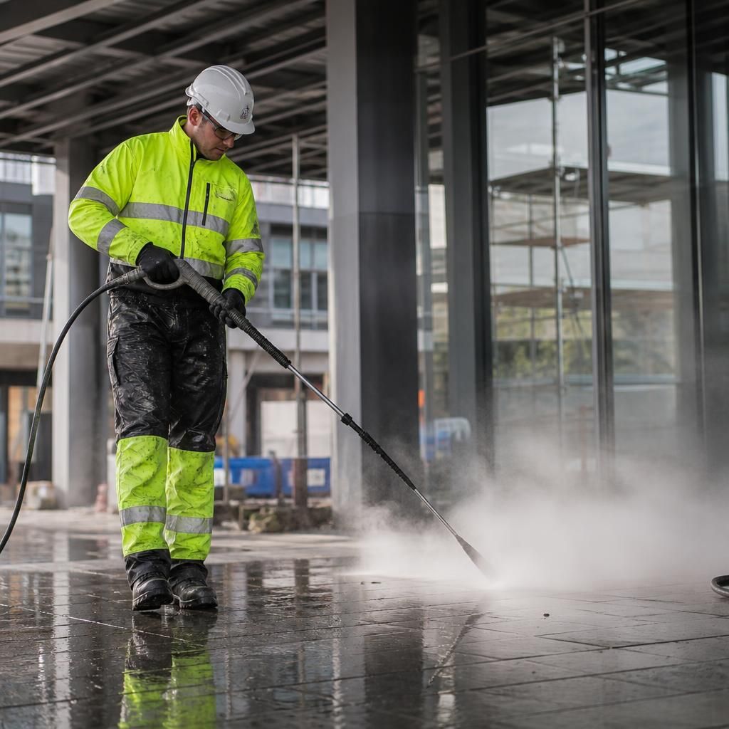 Technician steam cleaning after construction