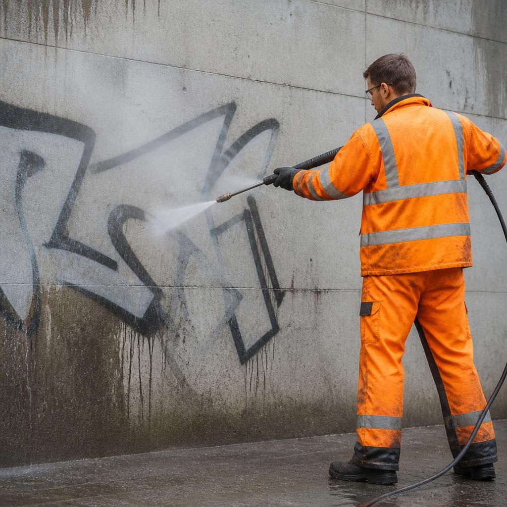 Professional removing graffiti from a wall