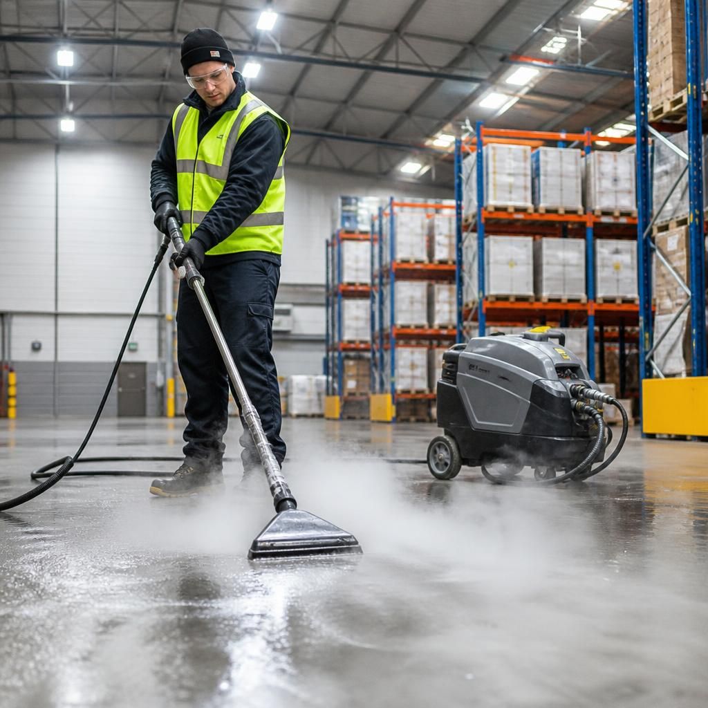 High-powered steam cleaner in use for warehouse sanitation