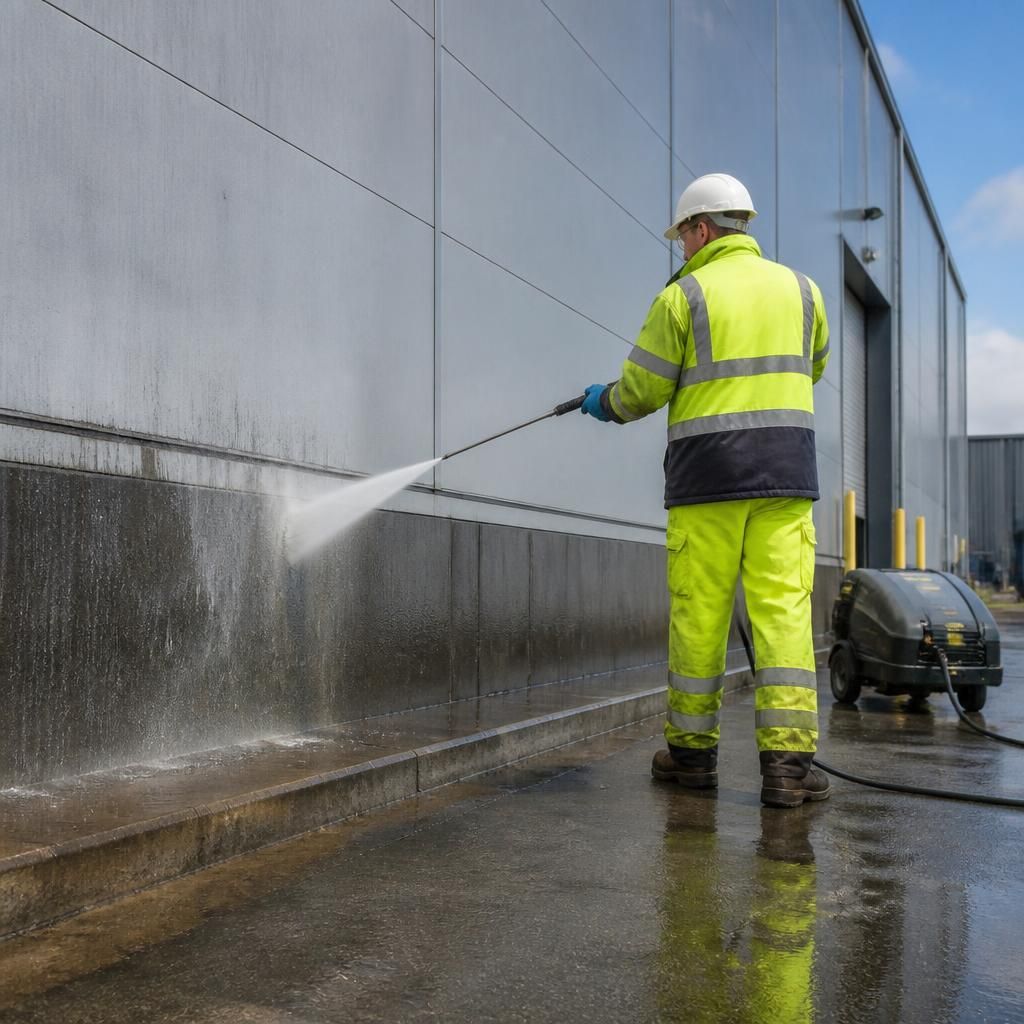 Industrial power washer used for cleaning warehouse exteriors