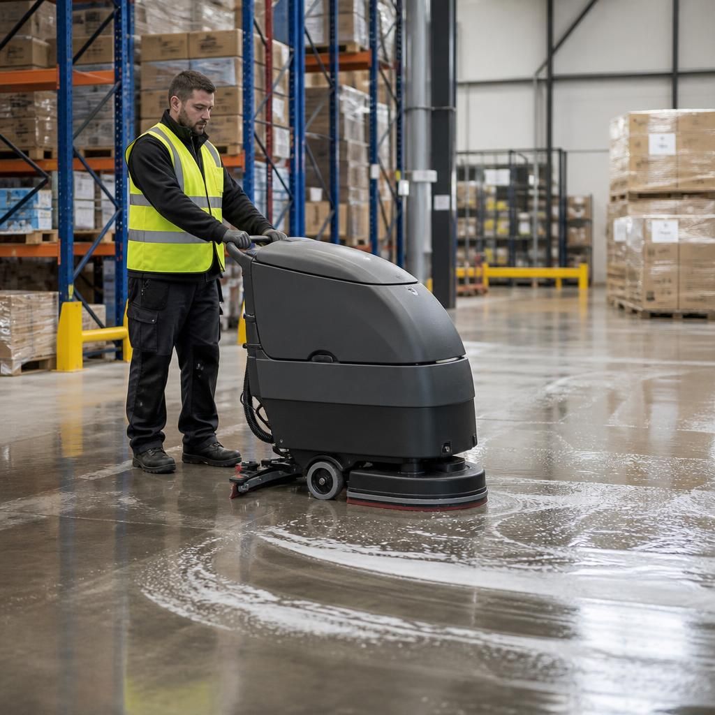 Technician using floor scrubber in a warehouse