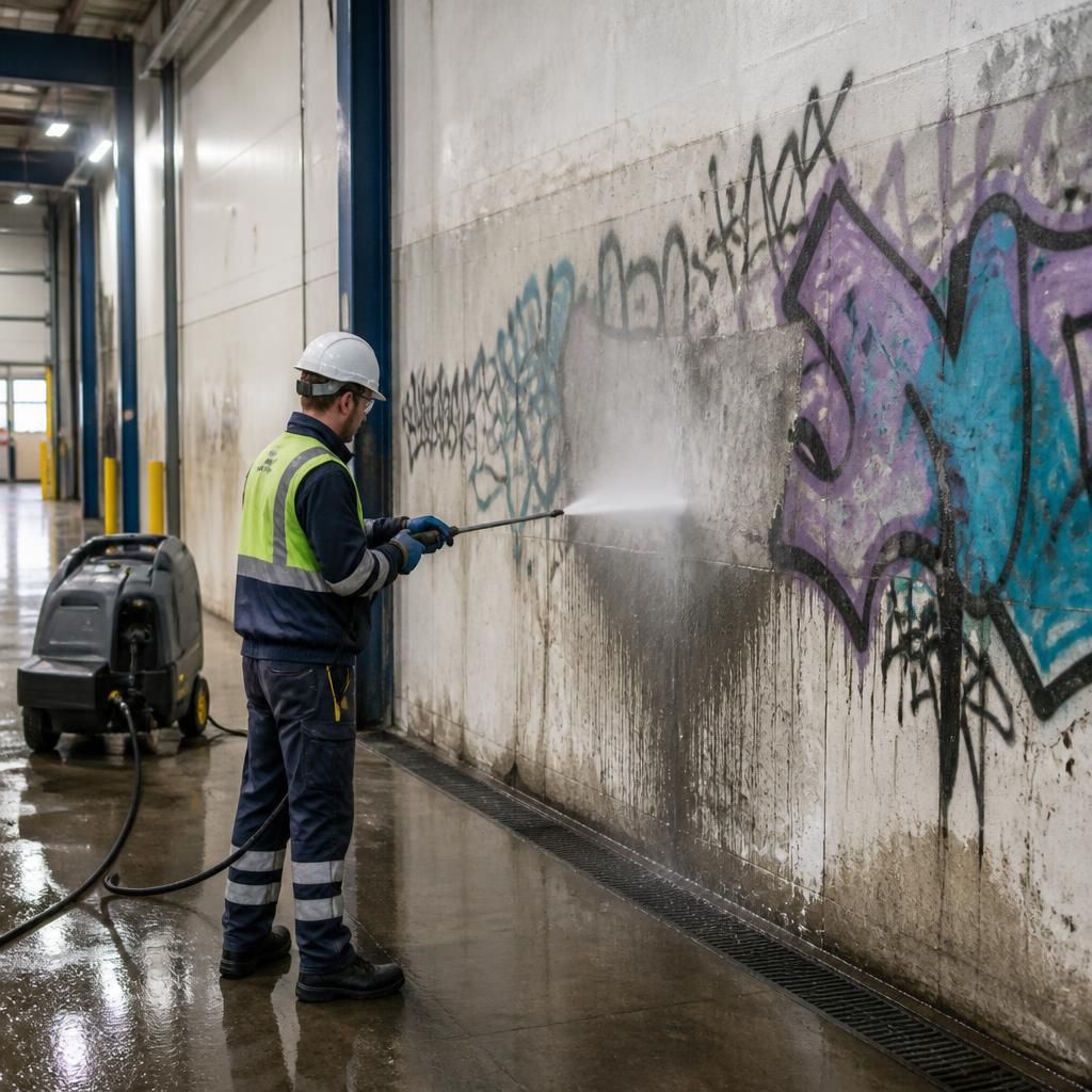 Commercial facility with graffiti removal in progress