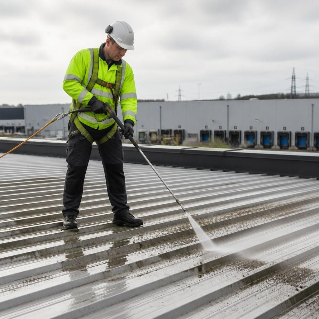 Warehouse roof maintenance with safety gear