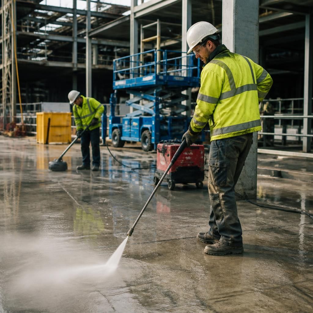 Clean construction site with workers operating cleaning equipment