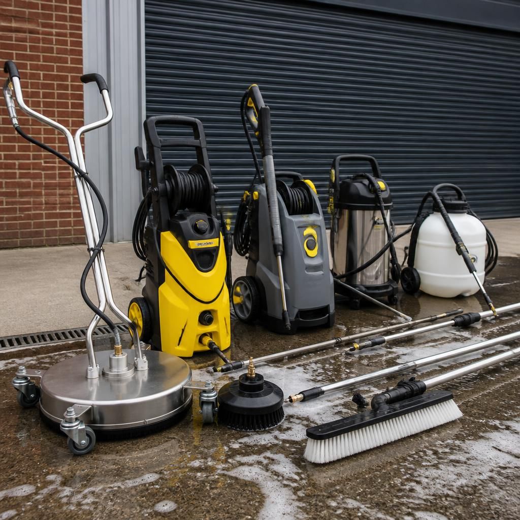 Industrial cleaning tools lined up