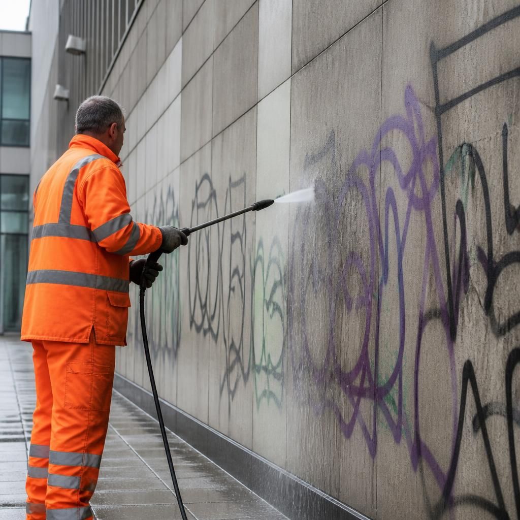 Graffiti being removed from a building wall