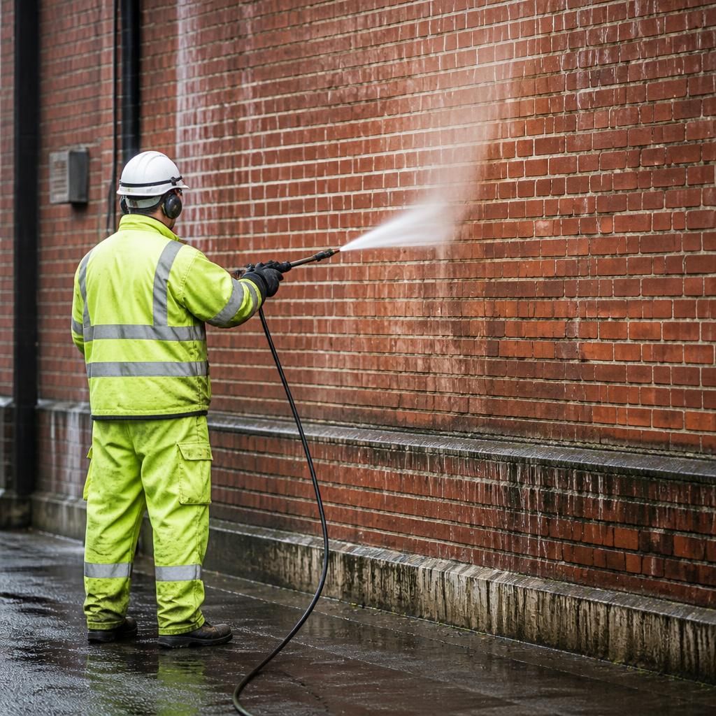 Professional cleaning of brick walls in an urban environment