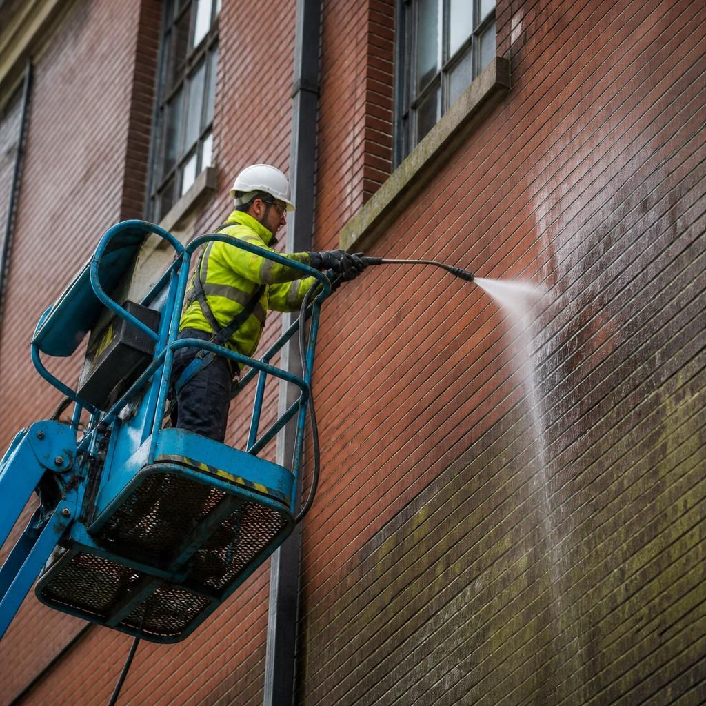 Technician using access equipment for high-level cleaning