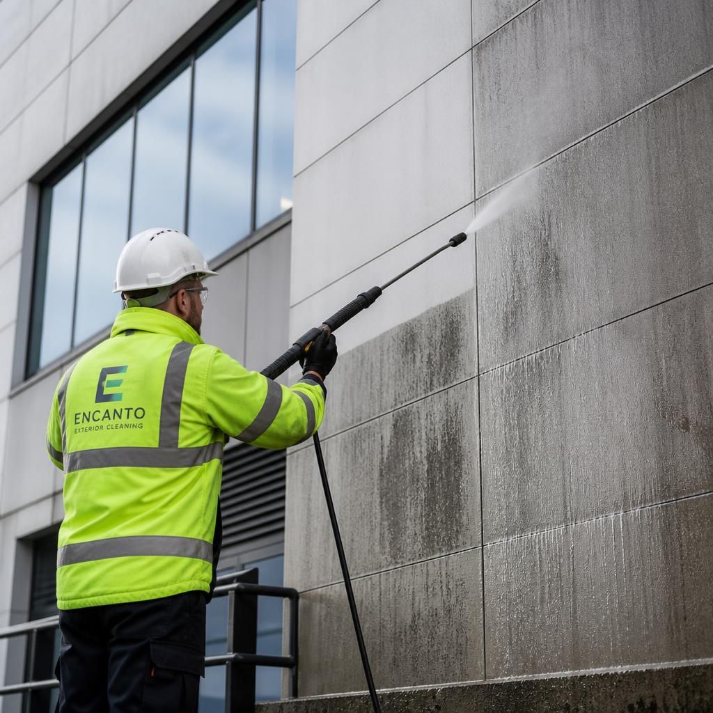 Technician performing pressure washing on building facade