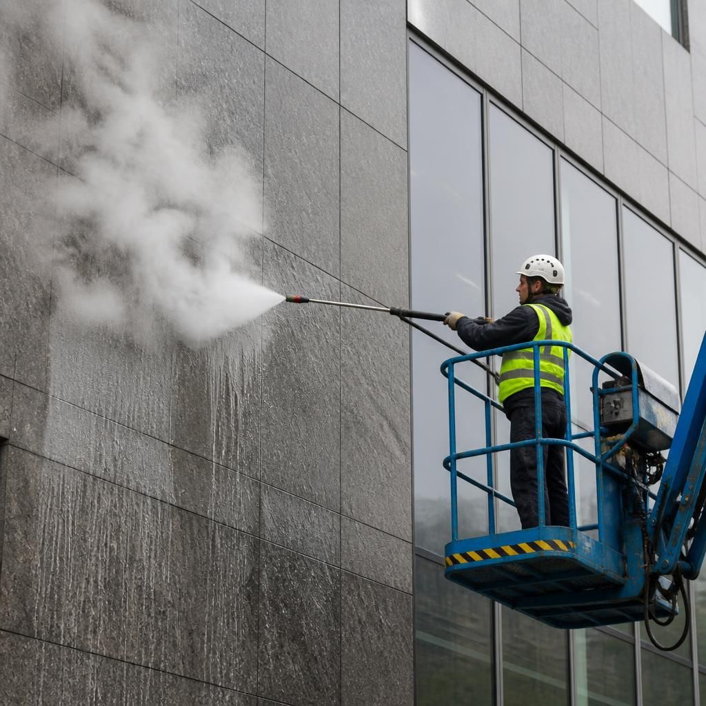 Steam cleaning being conducted on building exterior