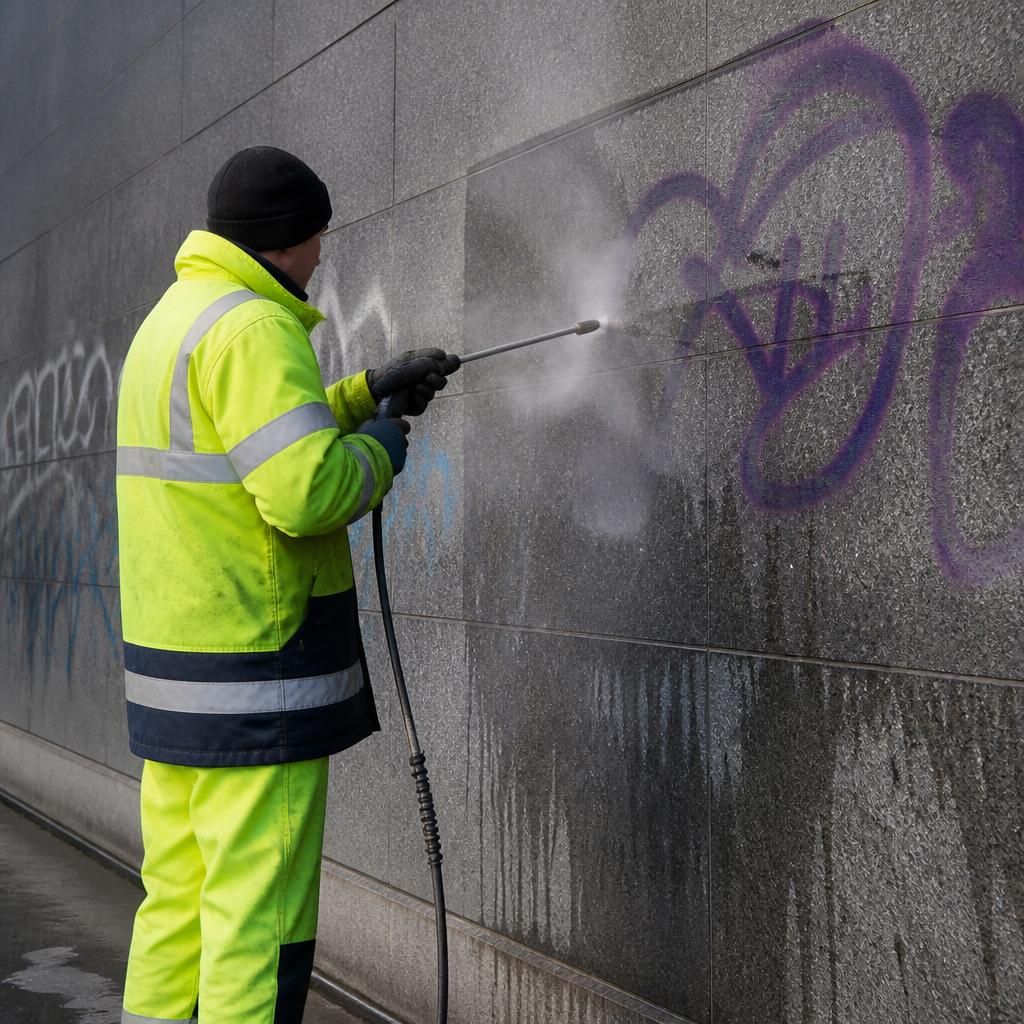 Specialist removing graffiti from a wall