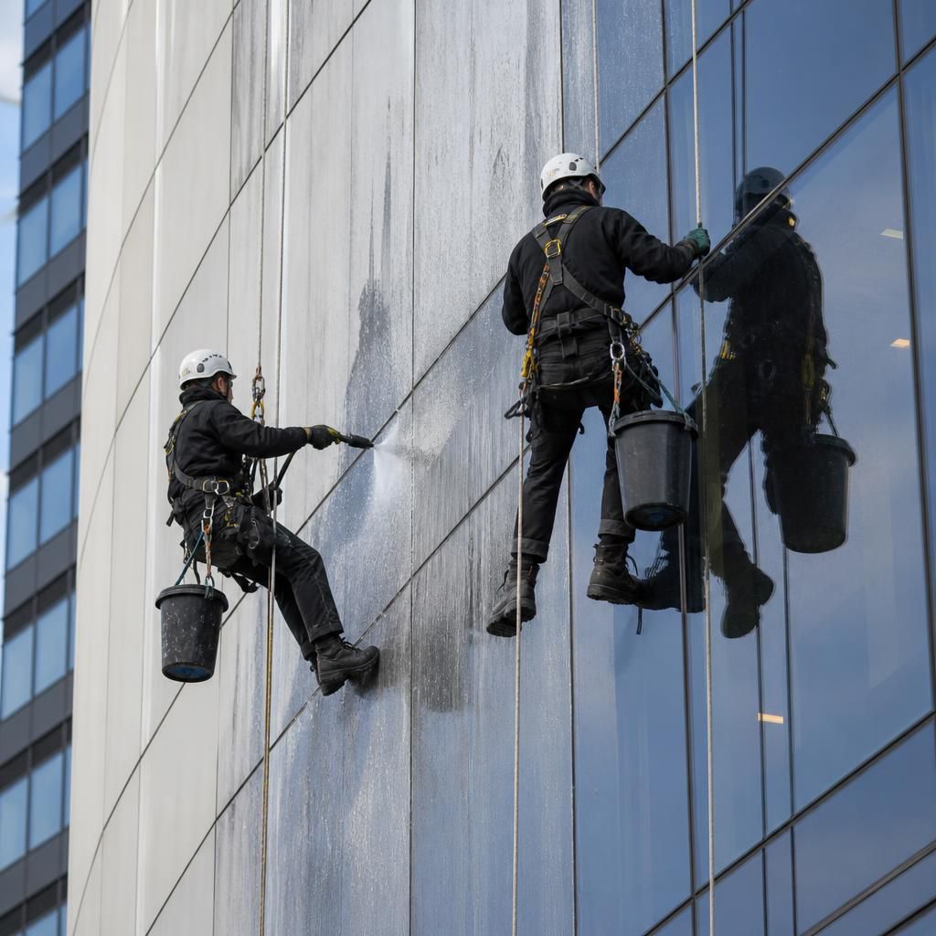 Exteriors of a building being cleaned with safety harnesses
