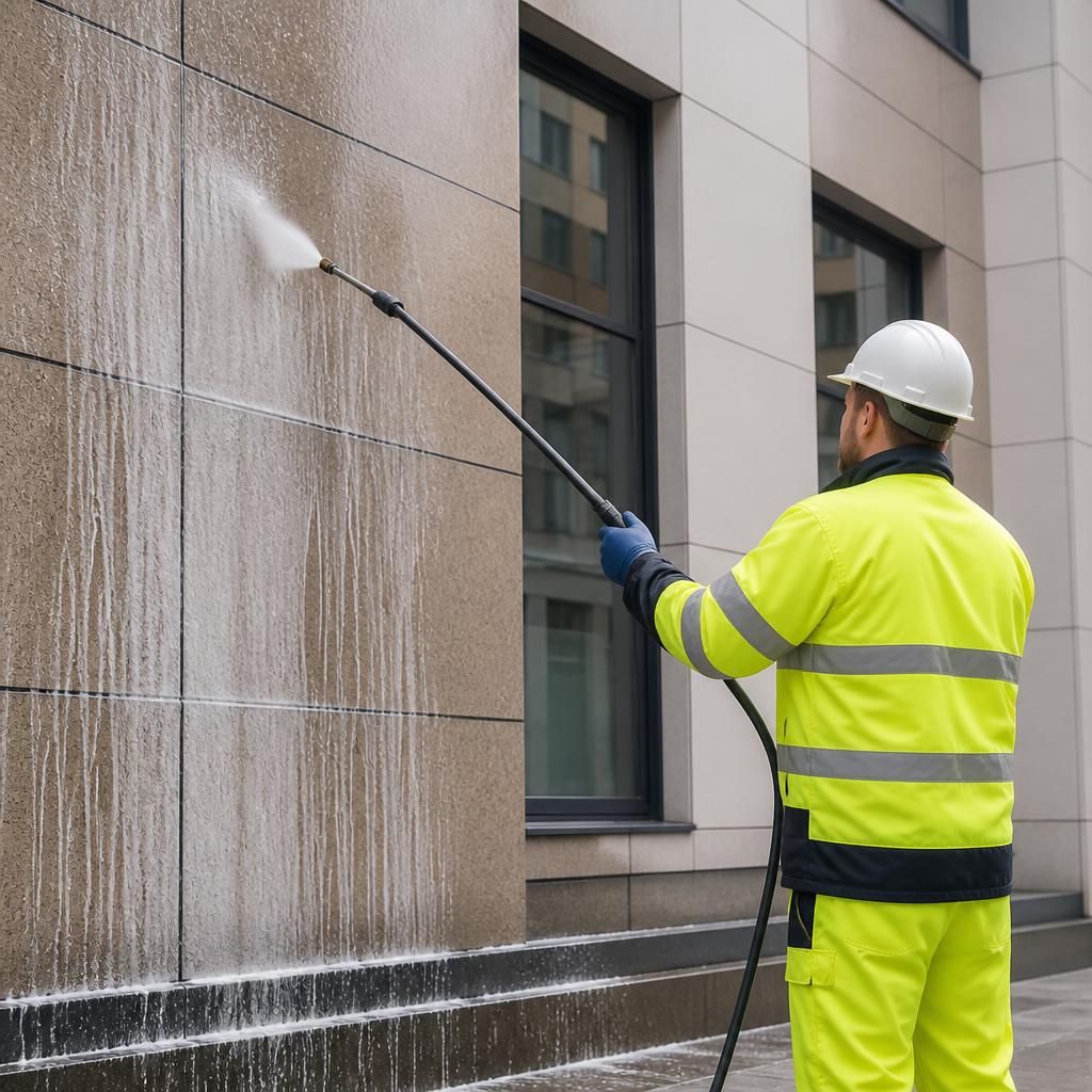 Biodegradable cleaning solutions being used on a facade