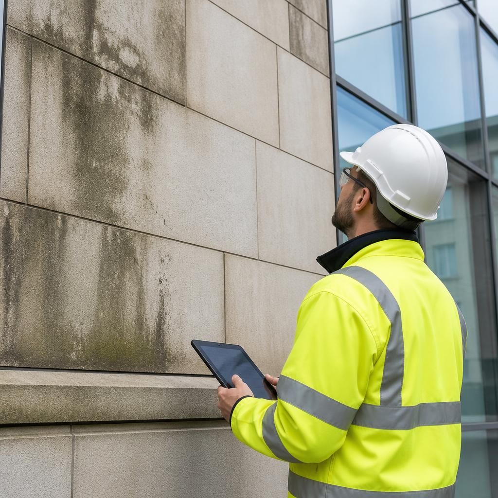 Professional assessing building facade before cleaning
