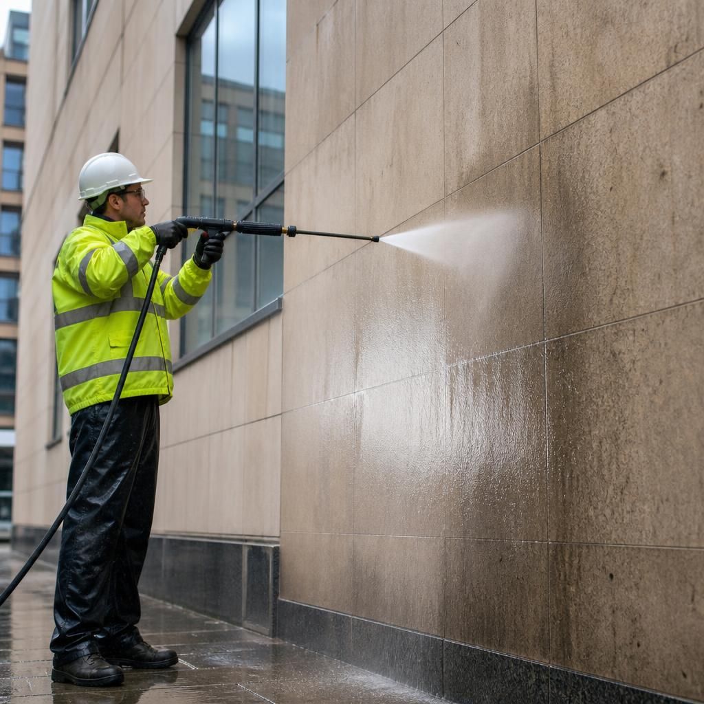 Pressure washing of a building facade