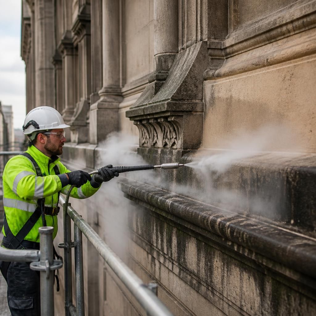 Steam cleaning being used on historic stone facade