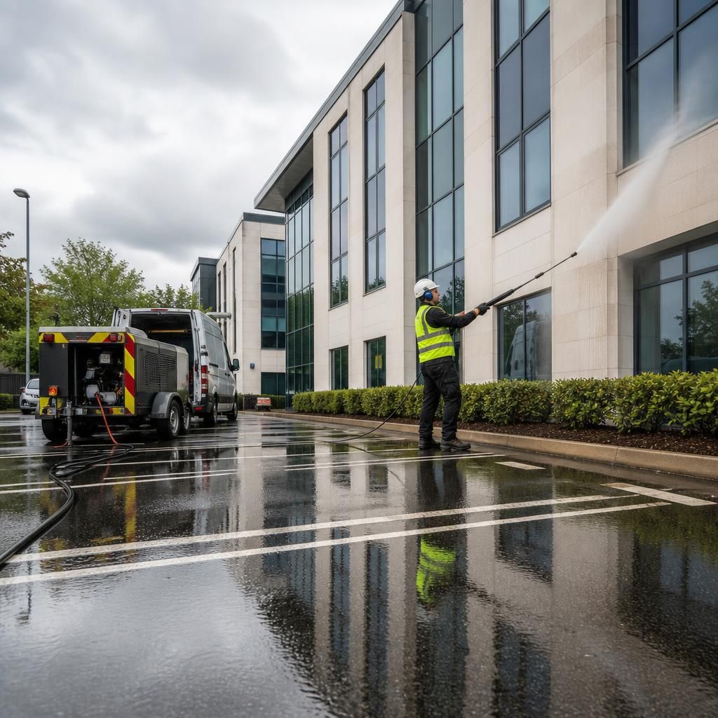 Car park and building facade being cleaned