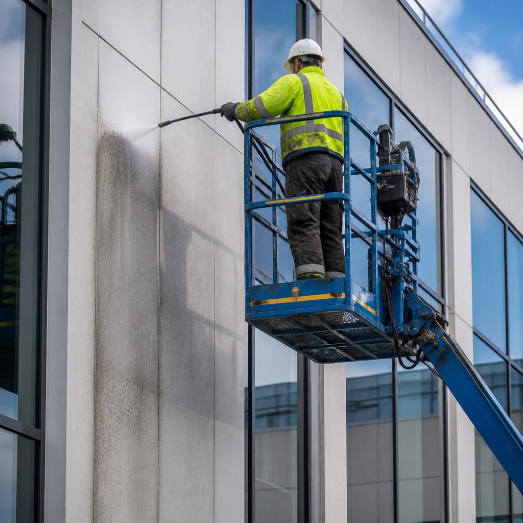 Team using access equipment for facade cleaning