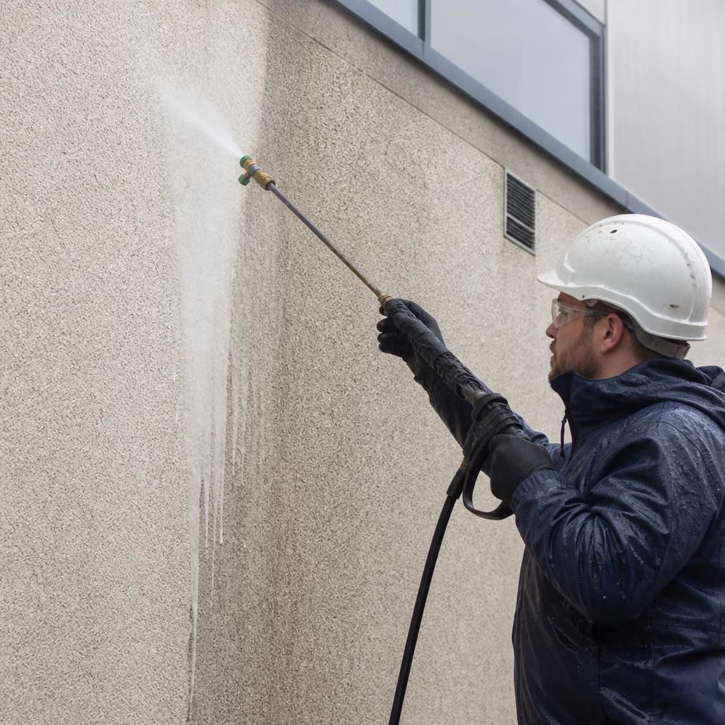 Soft washing technique being applied to a rendered wall