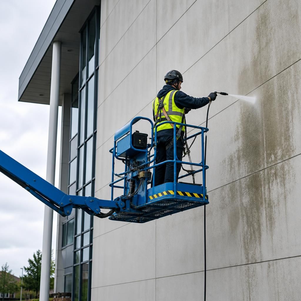 Professional cleaning team using access equipment
