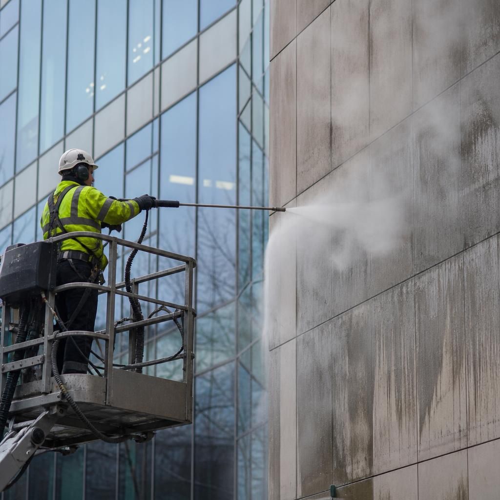 Professional facade cleaning in action with steam equipment