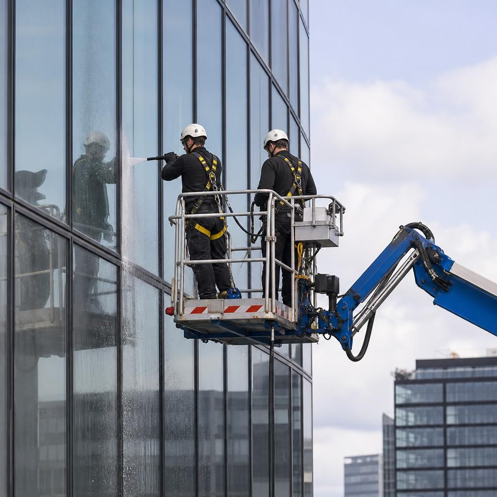 Technicians using safe access equipment for high-rise cleaning