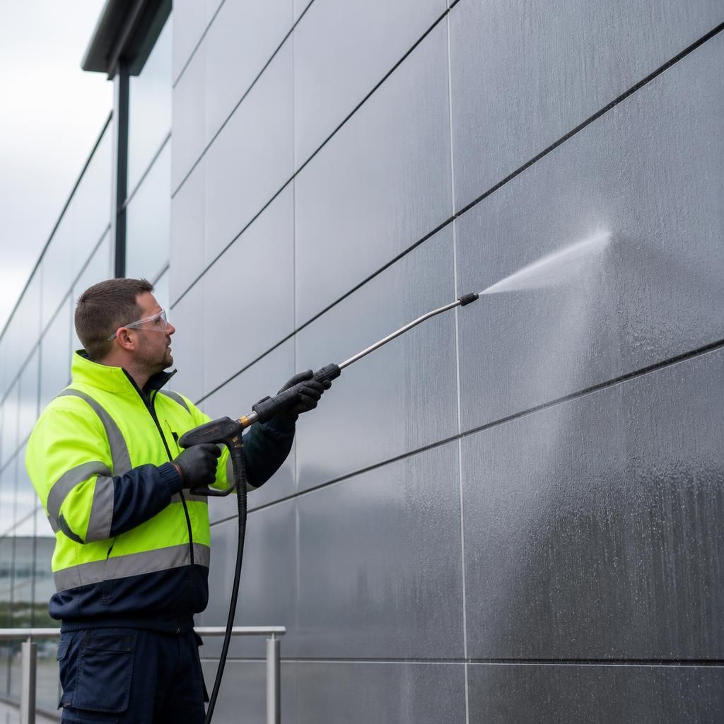 Technician using pressure washer on building cladding