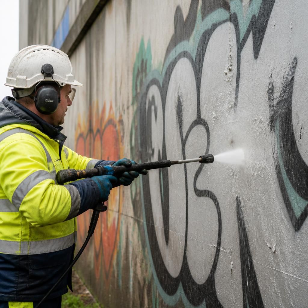 Pressure washing graffiti off a wall