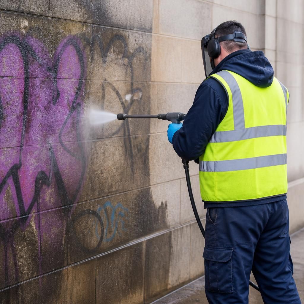Cleaning technician removing graffiti