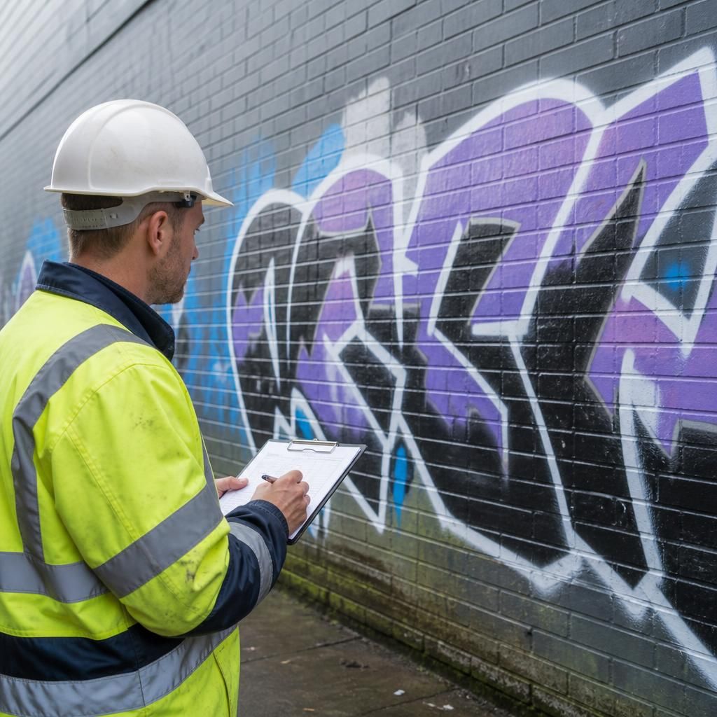 Expert assessing graffiti on wall