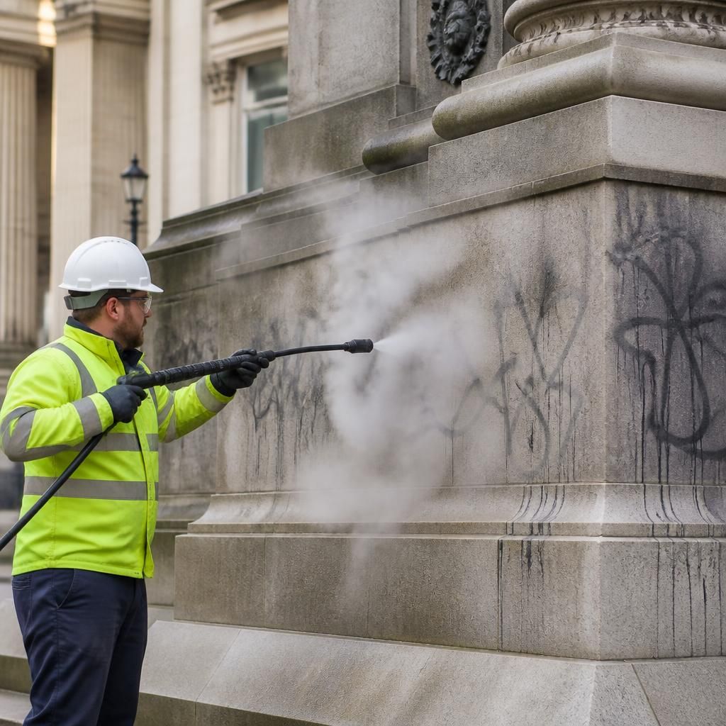 Steam cleaning graffiti from historical monument