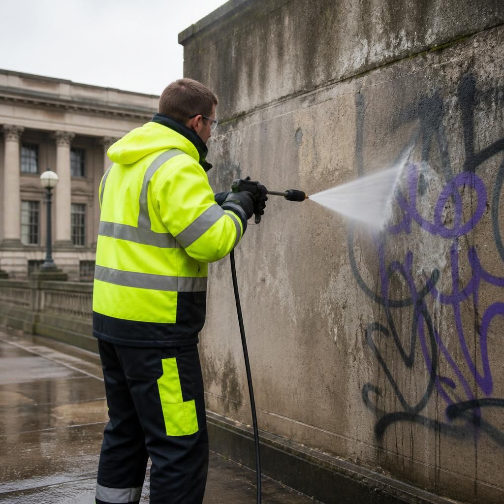 Pressure washing graffiti from concrete wall