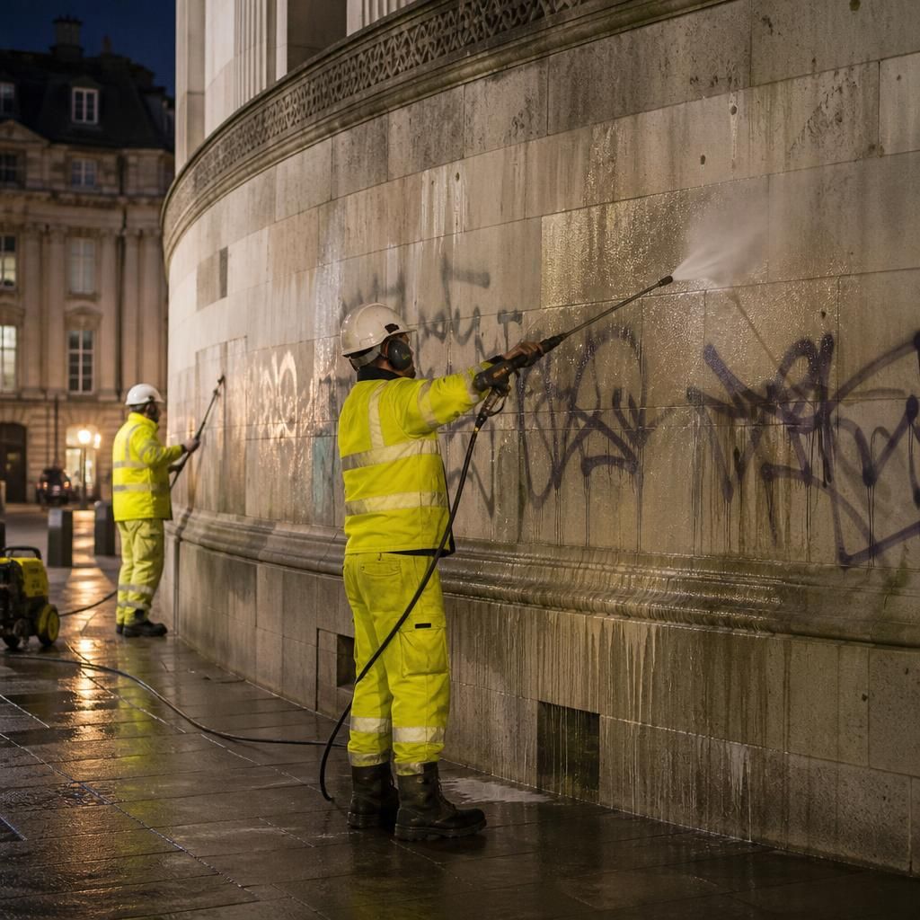 Workers performing graffiti removal during off-peak hours