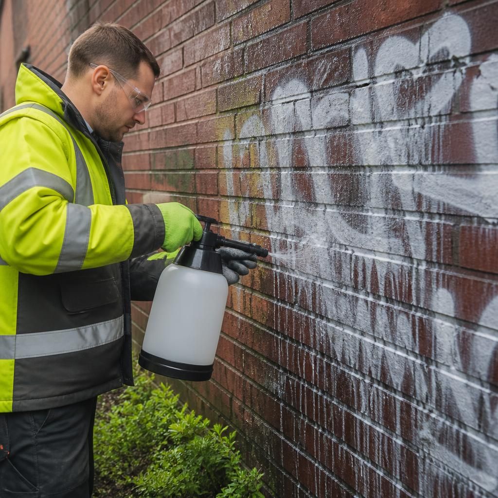Graffiti removal expert applying cleaning solution on brick