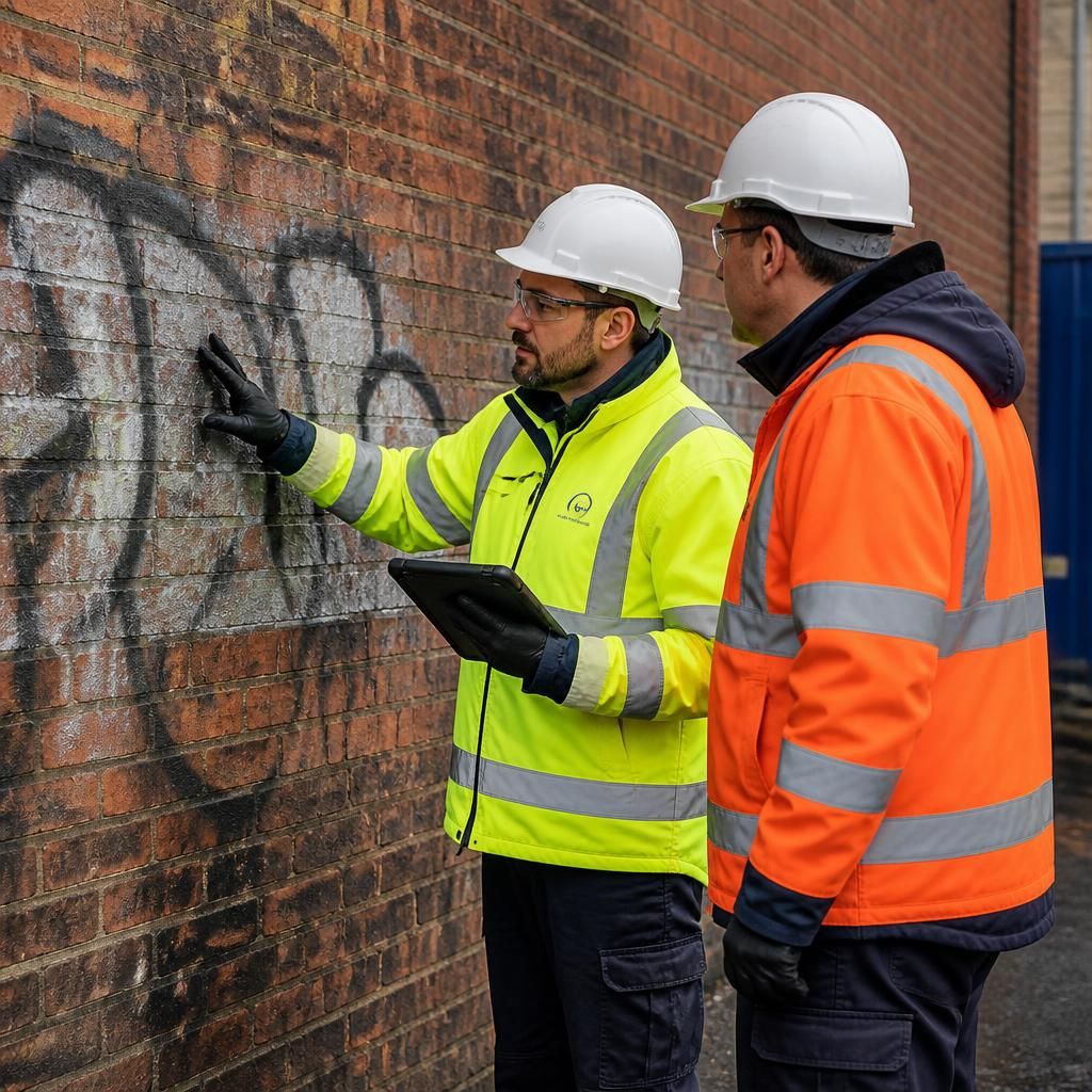 Professional graffiti removal team assessing brickwork