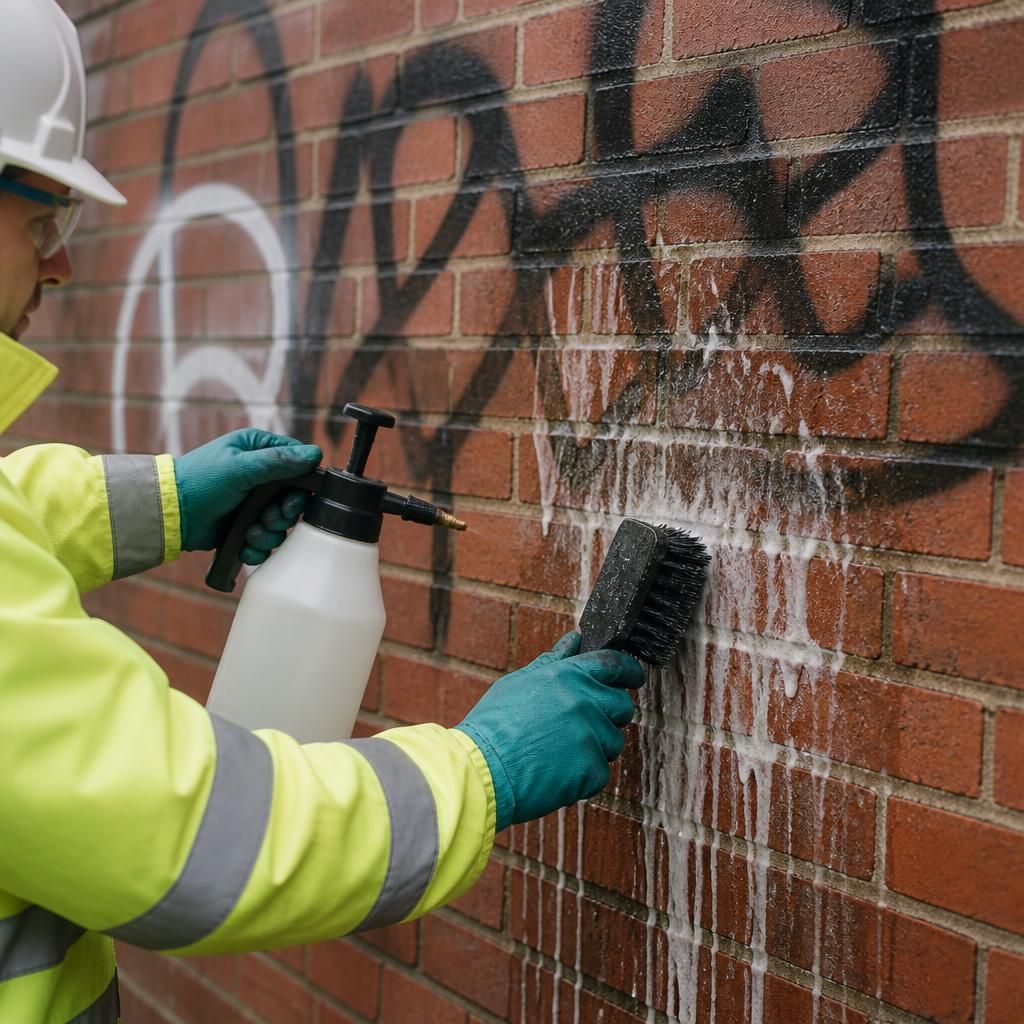 Eco-friendly solvents being used on graffiti-covered brick