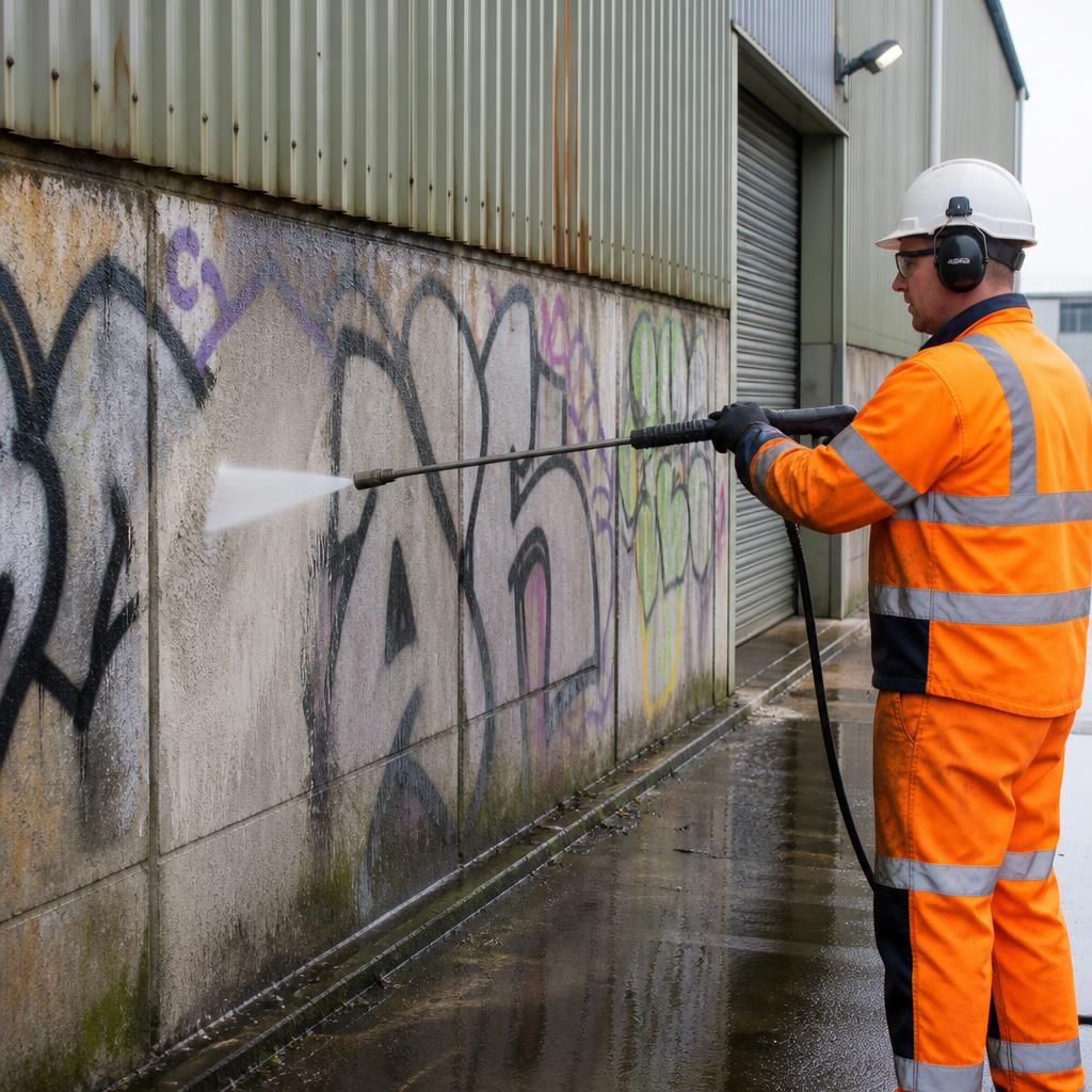 Pressure washing graffiti removal