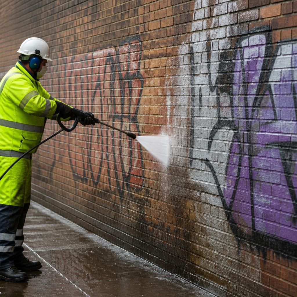 High-pressure washing of graffiti on a brick wall