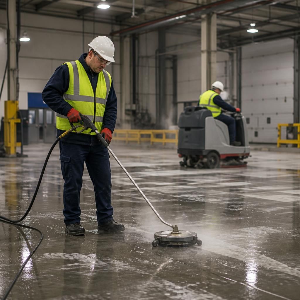 Technicians using modern equipment to clean factory floors