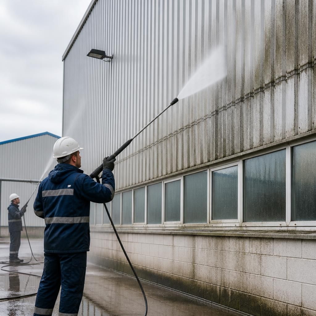 Technicians cleaning warehouse cladding with pressure washers
