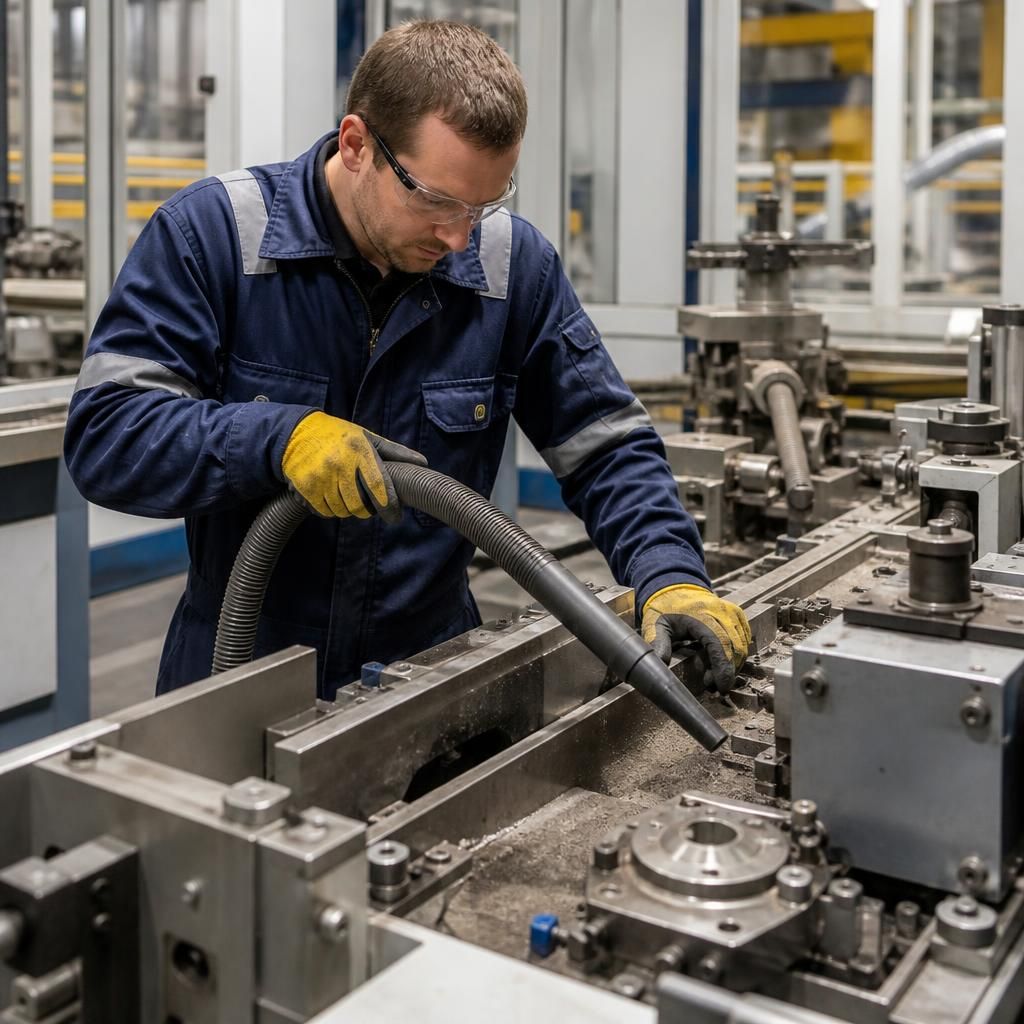A technician removing dust and debris from machinery