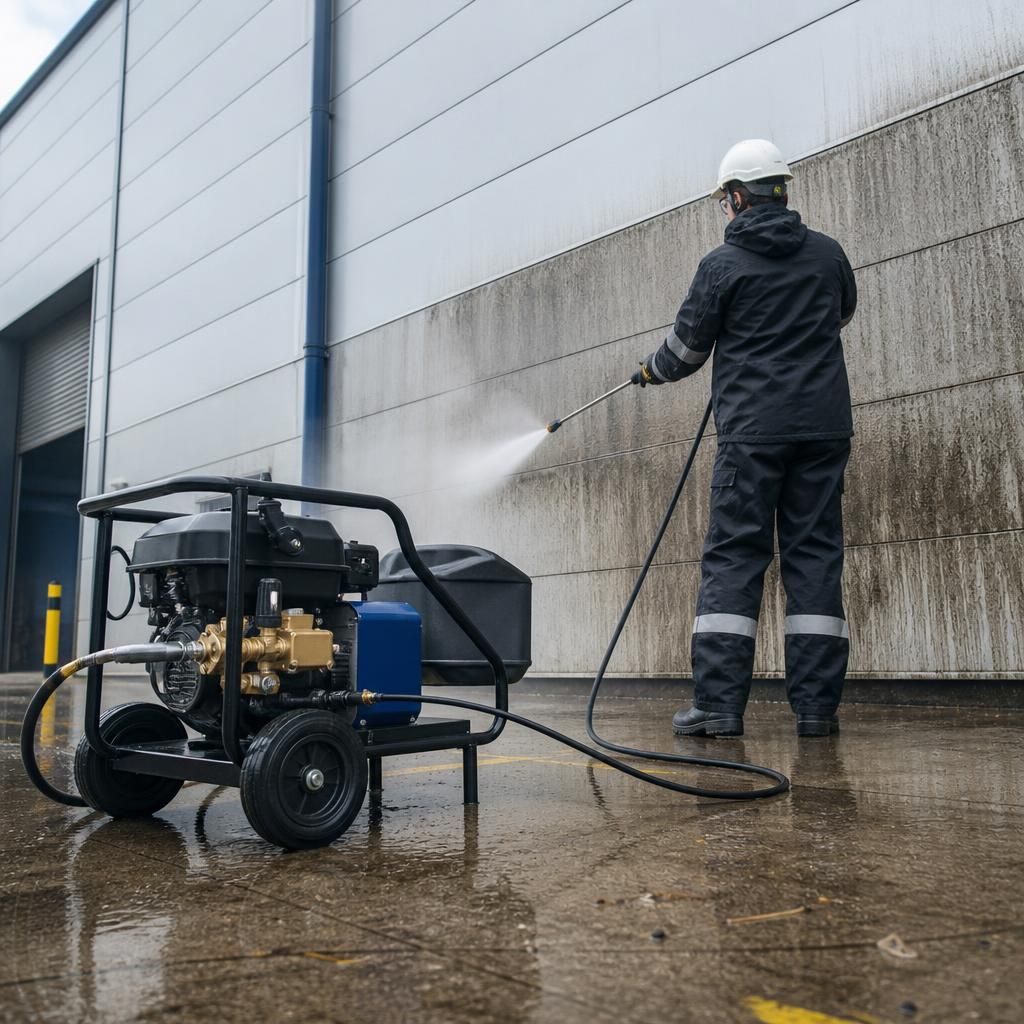 Industrial pressure washer in action